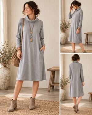 New with Tags Eileen Fisher Funnel Neck Dress L Gray Soft Stretch Long Sleeve